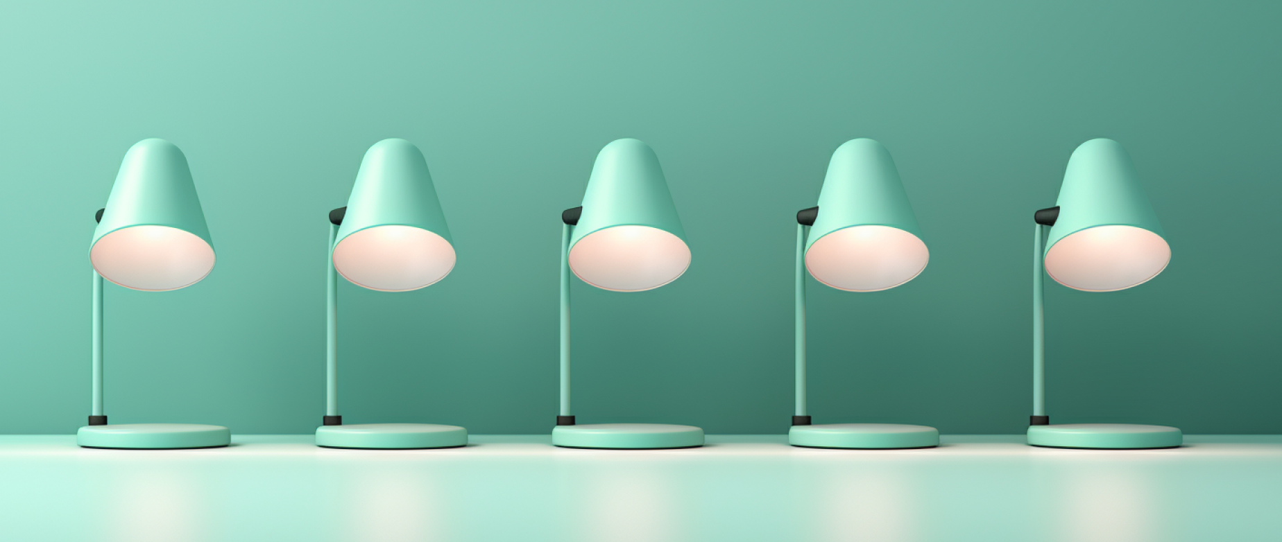 Five teal lights next to each other on a teal background.