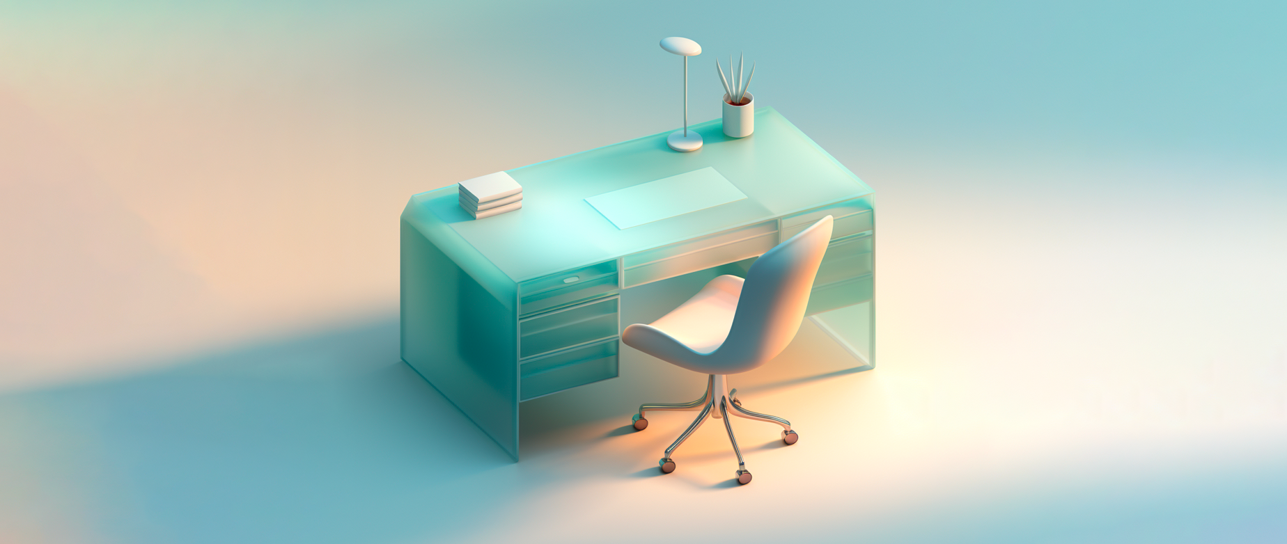 A blue office desk with a white chair and lamp on blue background with light coming in.