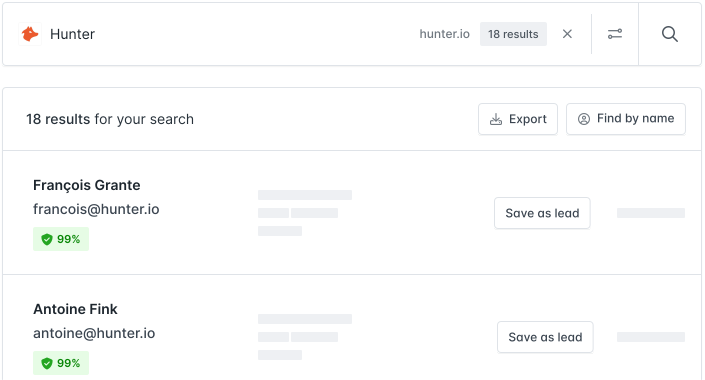 Image of Hunter email finder dashboard including search results of leads