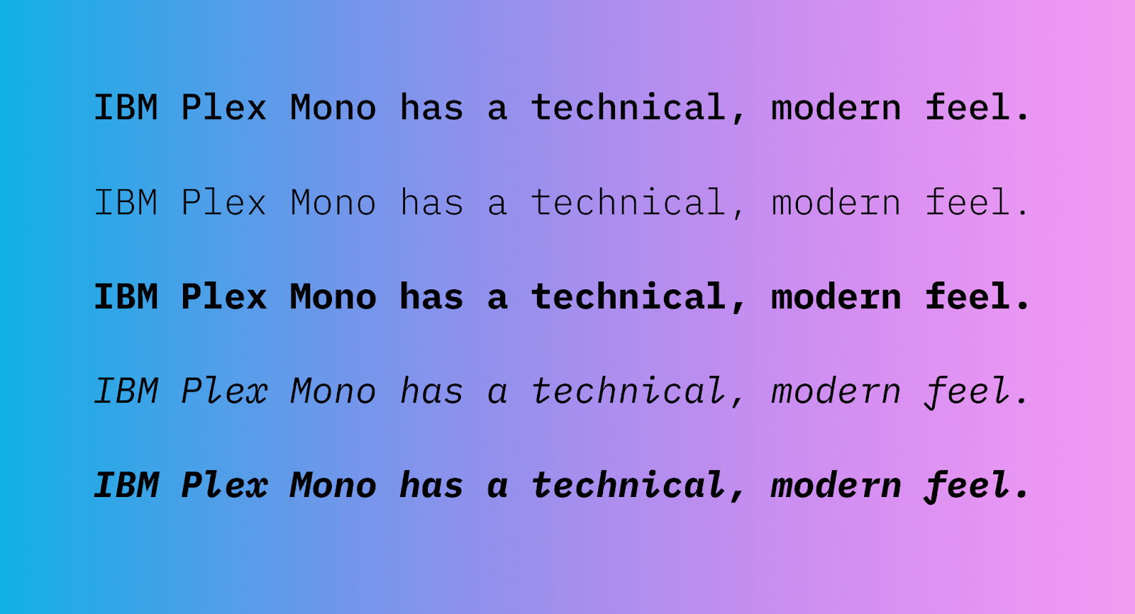 Example of IBM Plex Mono that says ‘IBM Plex Mono has a technical, modern feel.’