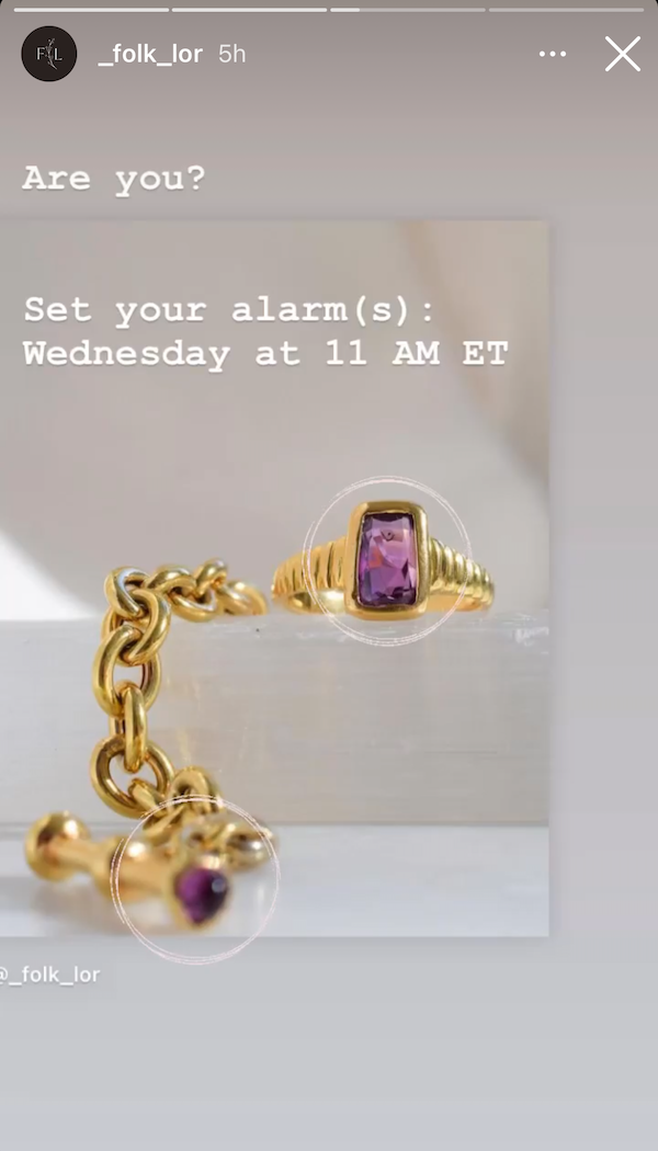A screenshot of a Folklor Instagram Story that teases an upcoming product drop