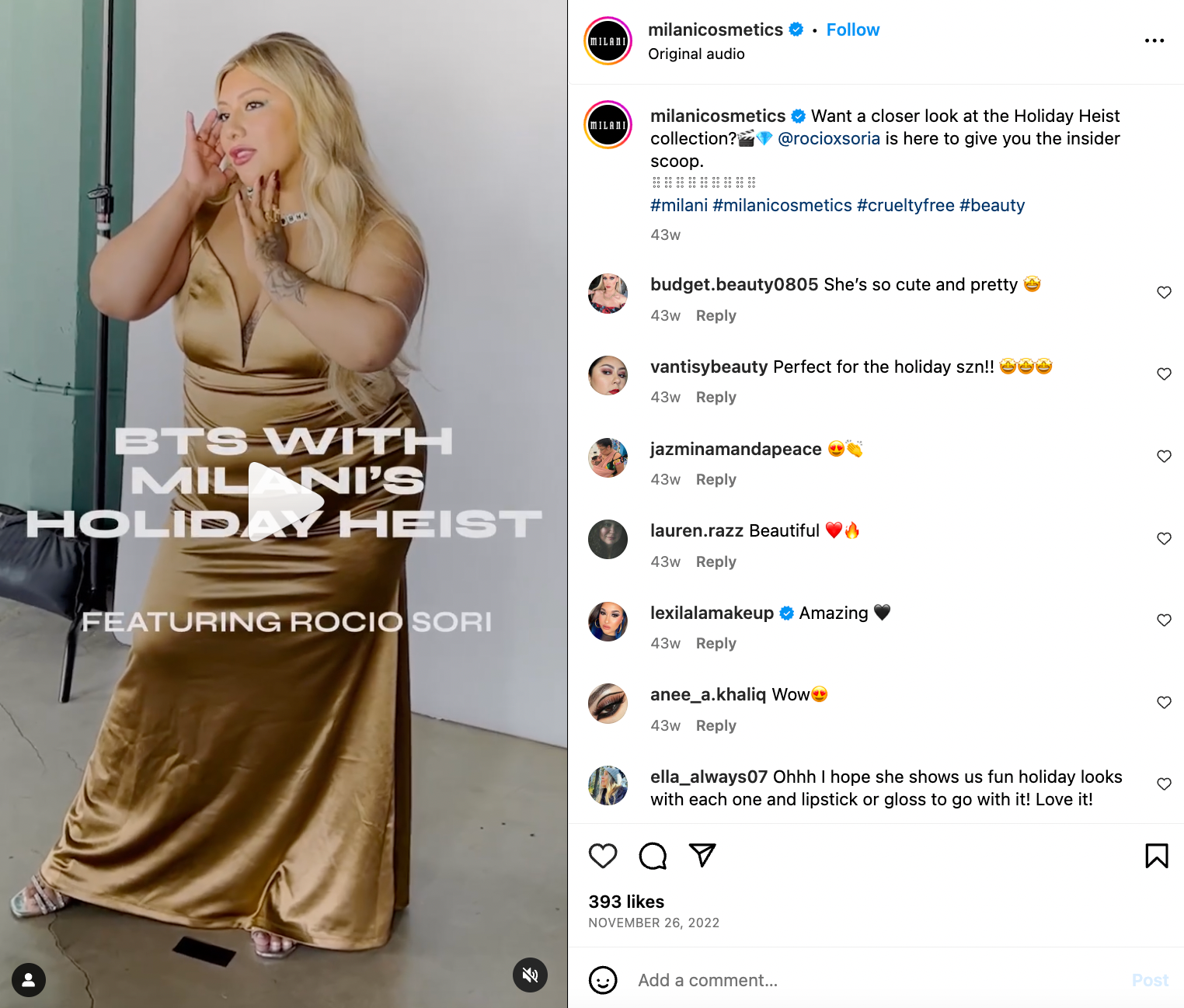 Instagram video from Milani Cosmetics introducing its Holiday Heist collection beside comments.