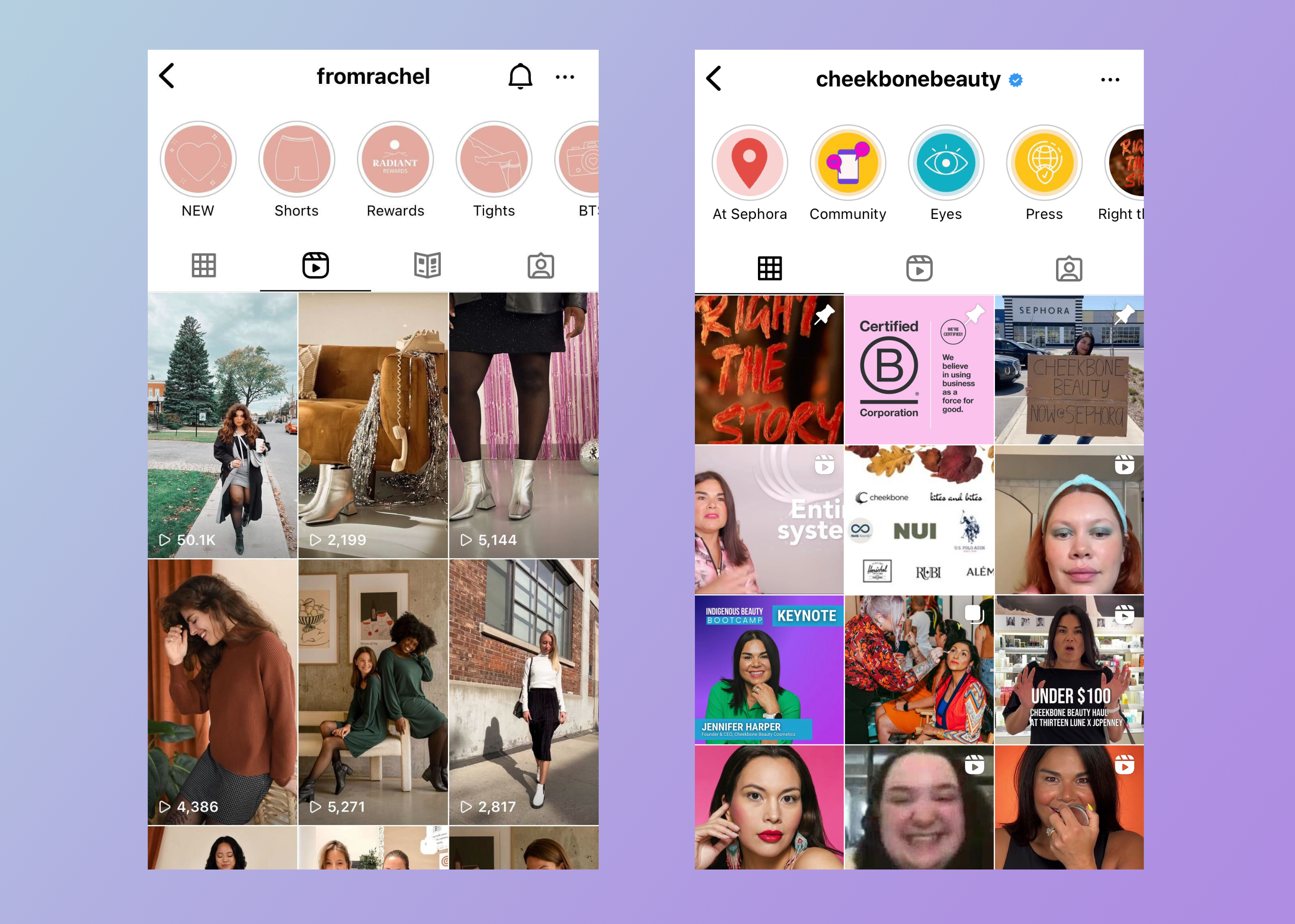 Instagram page examples showing Story highlights