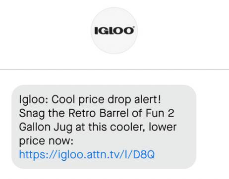 SMS from Igloo promoting a price drop alert to text subscribers