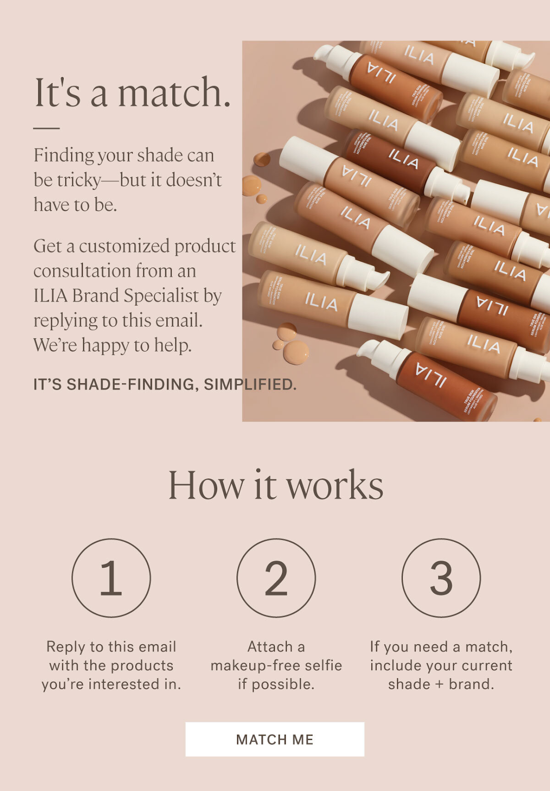 Email from ILIA Beauty telling customers how its customized product consultations work alongside an image of ILIA foundations in different shades.