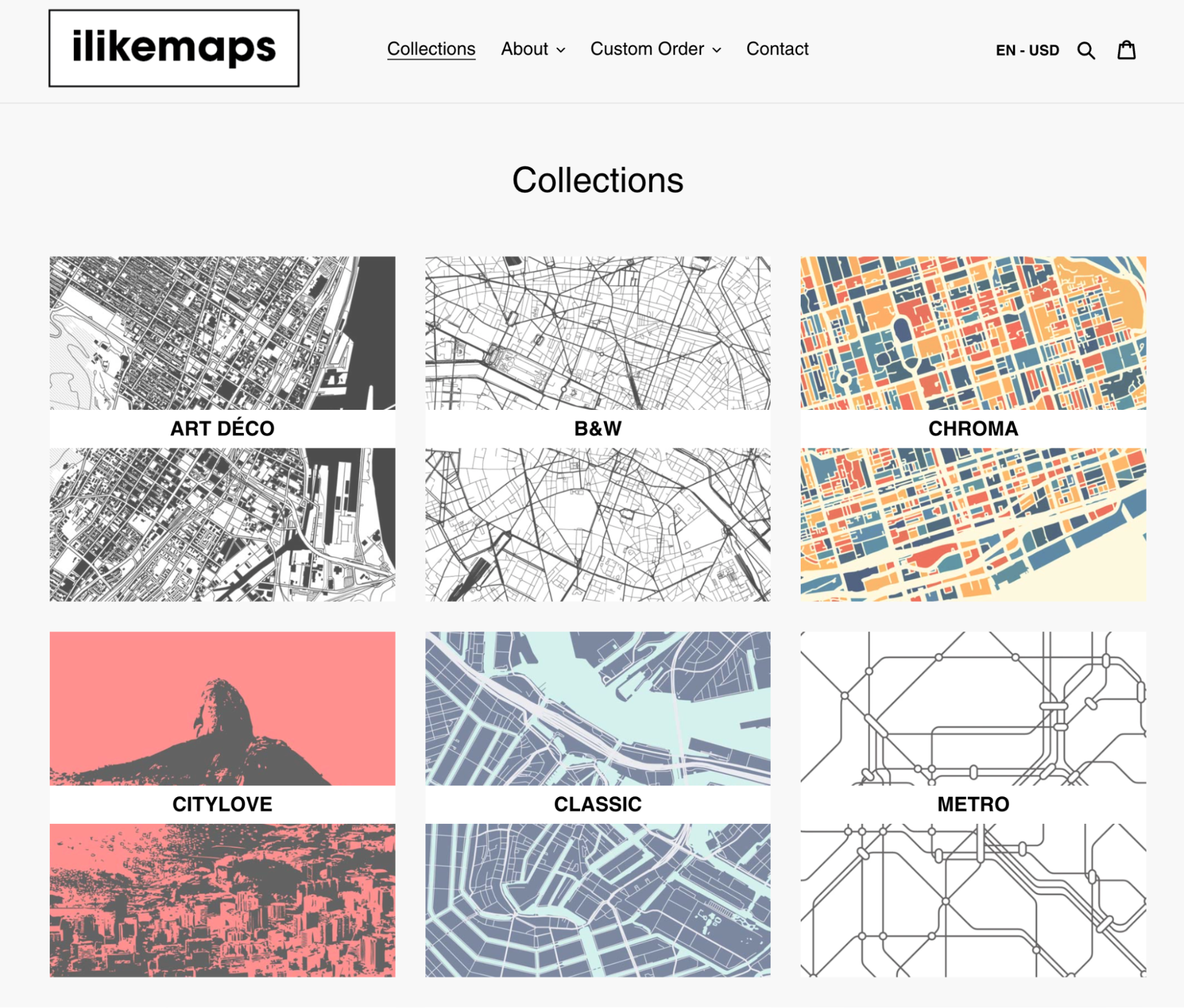 Graphic maps in various styles for sale in an online store.