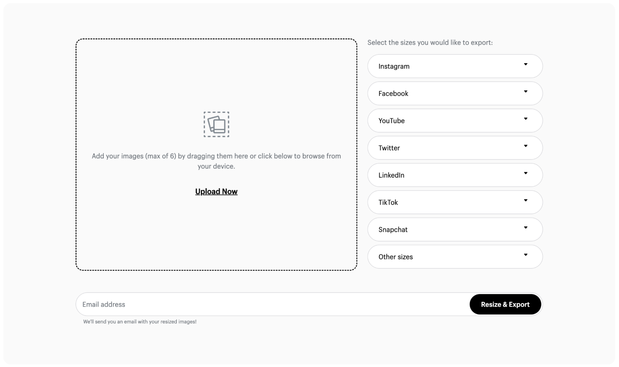 The image upload screen for Shopify’s free image resizing tool.