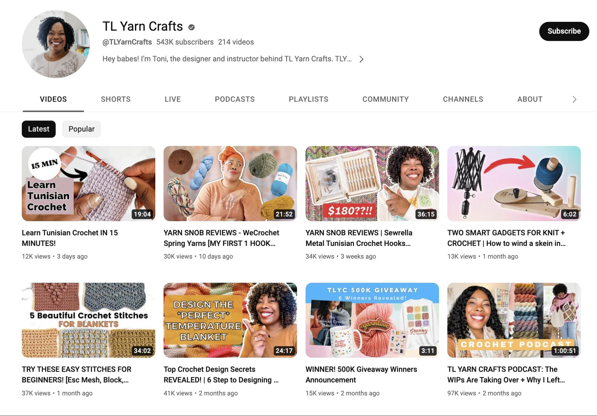 A screenshot of TL Yarn Crafts' YouTube channel