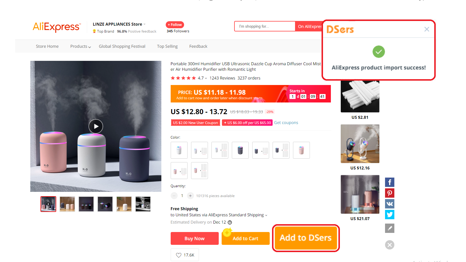 AliExpress product page for portable humidifiers, with a button that says “Add to DSers” highlighted