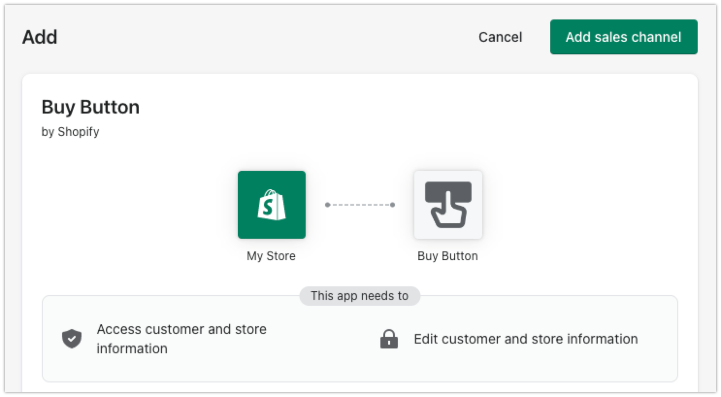 Add Sales Channel screen on the Shopify Admin showing Buy Button being added