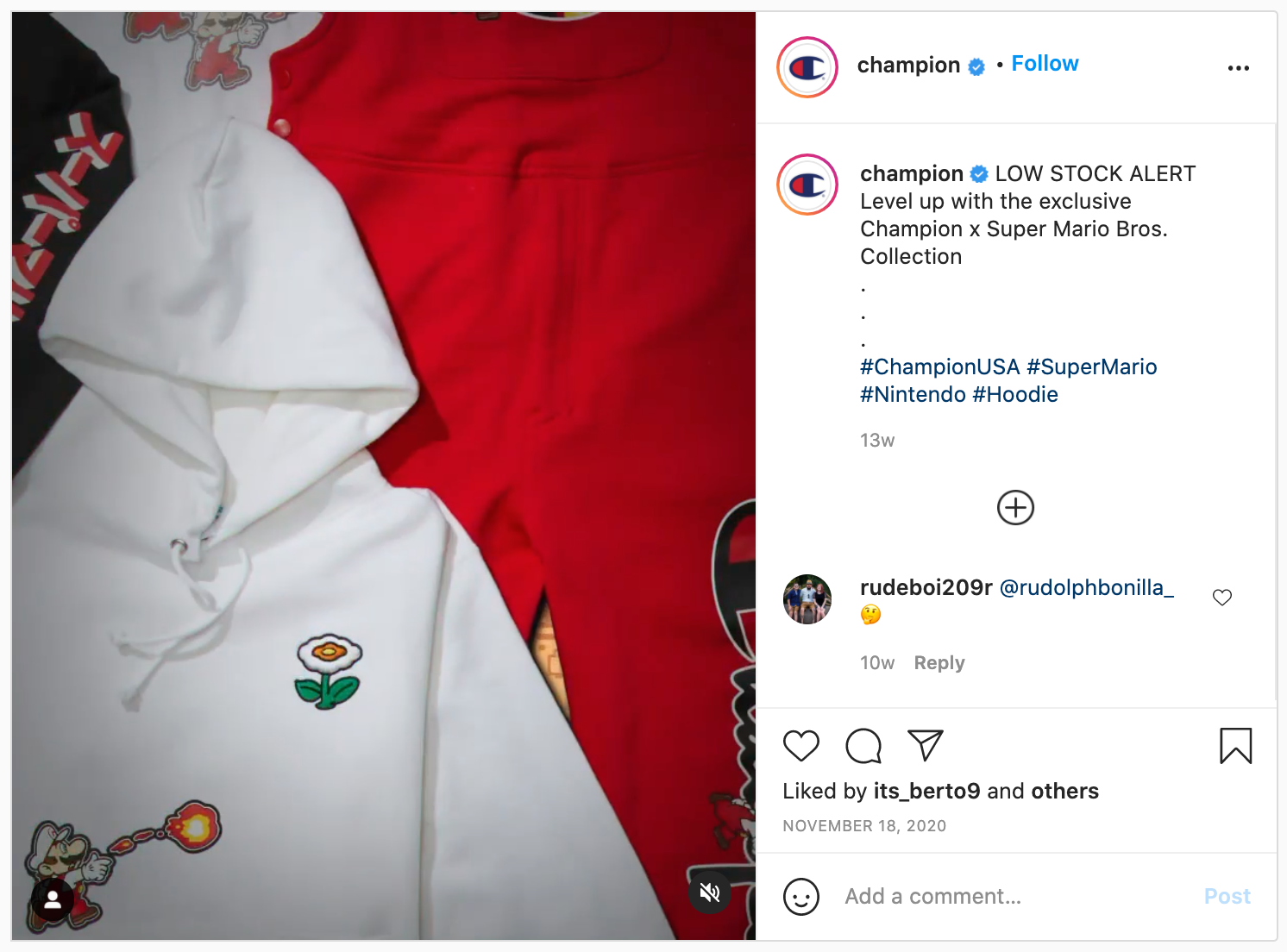 Champion Instagram post of Super Mario sweater