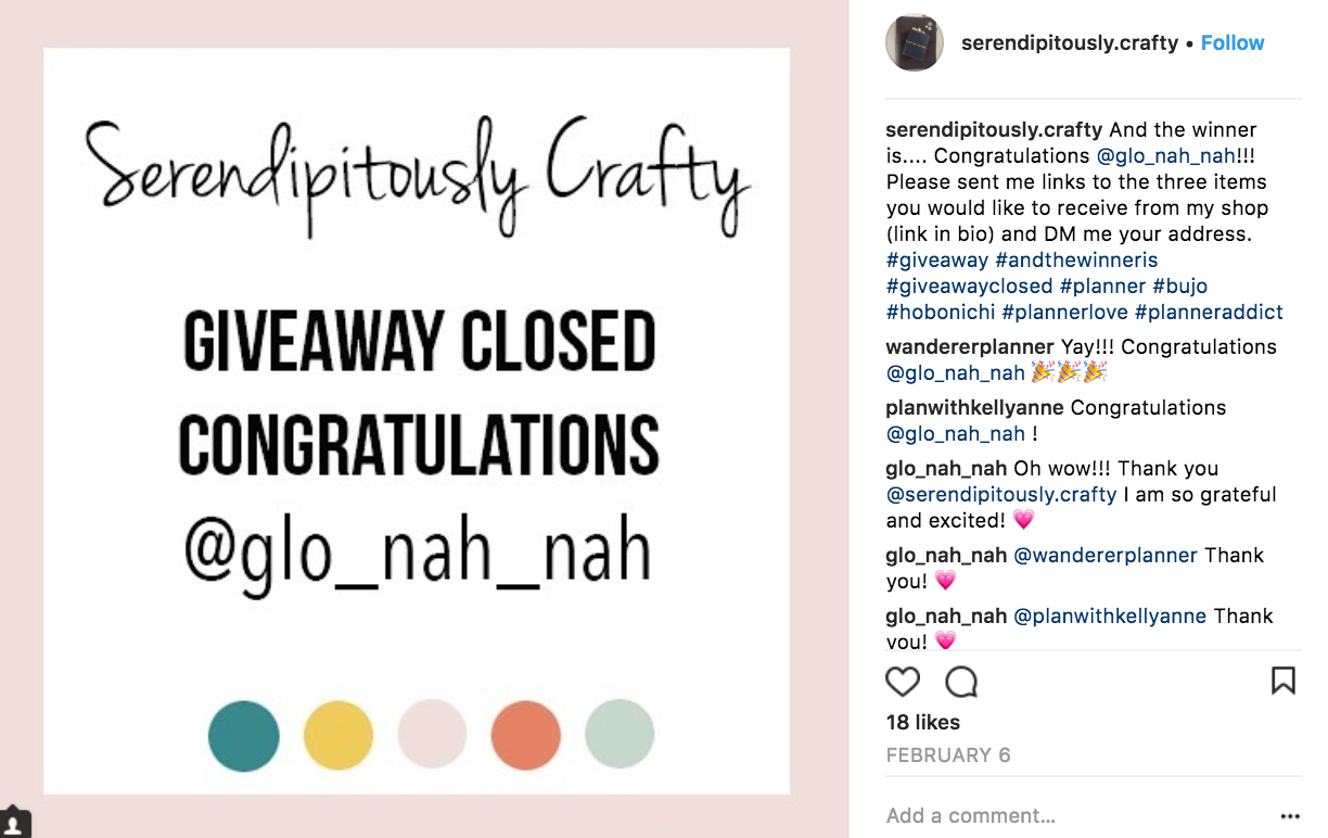 Example of announcing a winner by tagging them on Instagram with follow up instructions