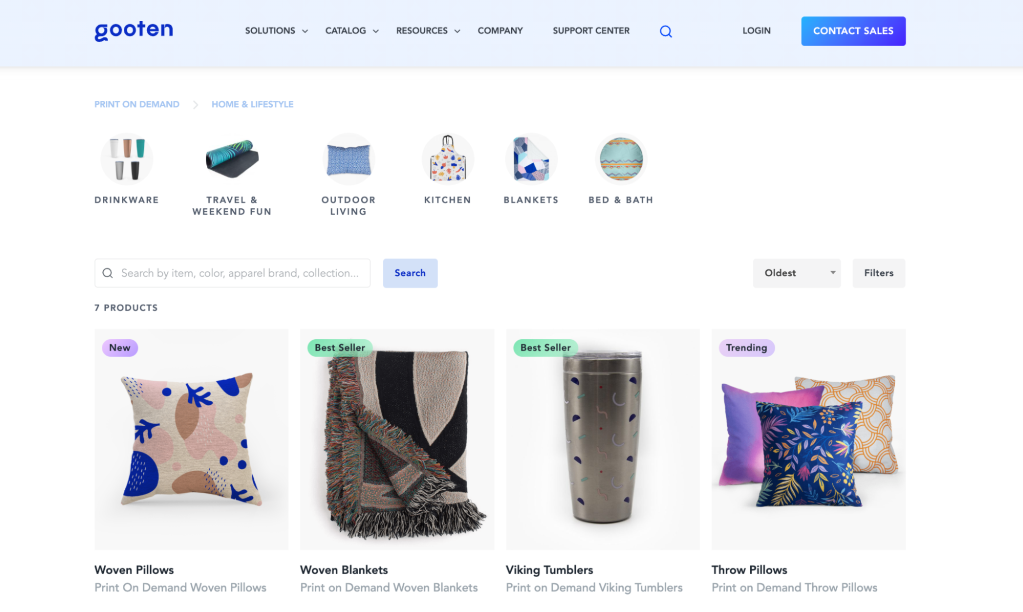 Gooten home and lifestyle product page showing print-on-demand pillows, blankets, and tumblers.