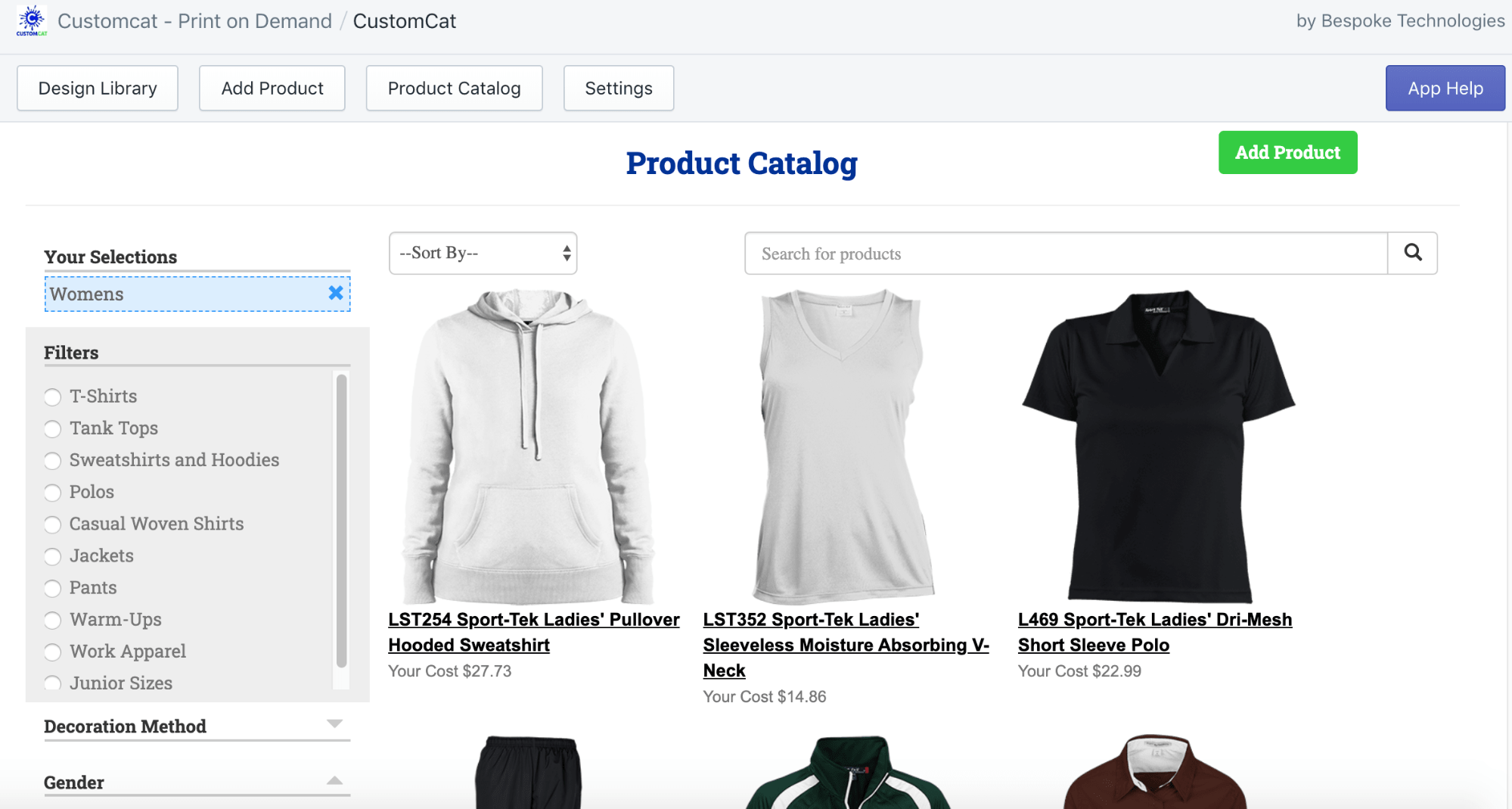 Menu des produits CustomCat en marque blanche comprenant un sweat à capuche, un débardeur et un polo.