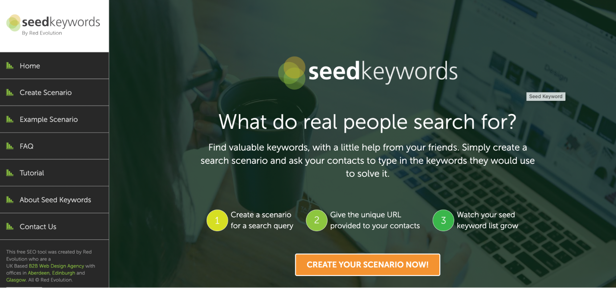 Seed Keywords homepage on a green transparent background