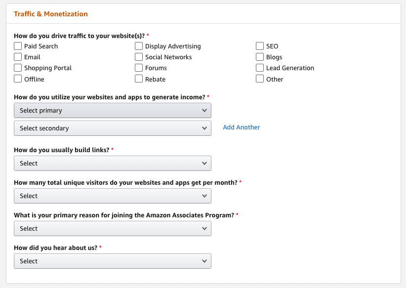 A screenshot of the Amazon Associates account set up page