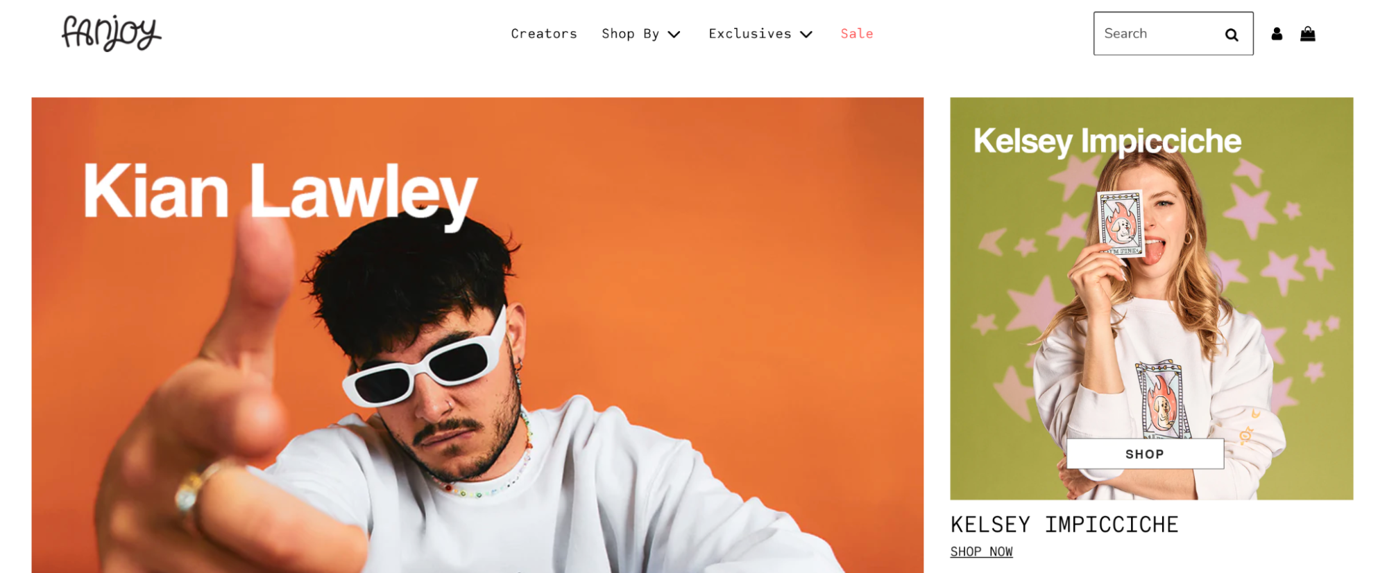 Fanjoy homepage with images of Kian Lawley and Kelsey Impicciche.