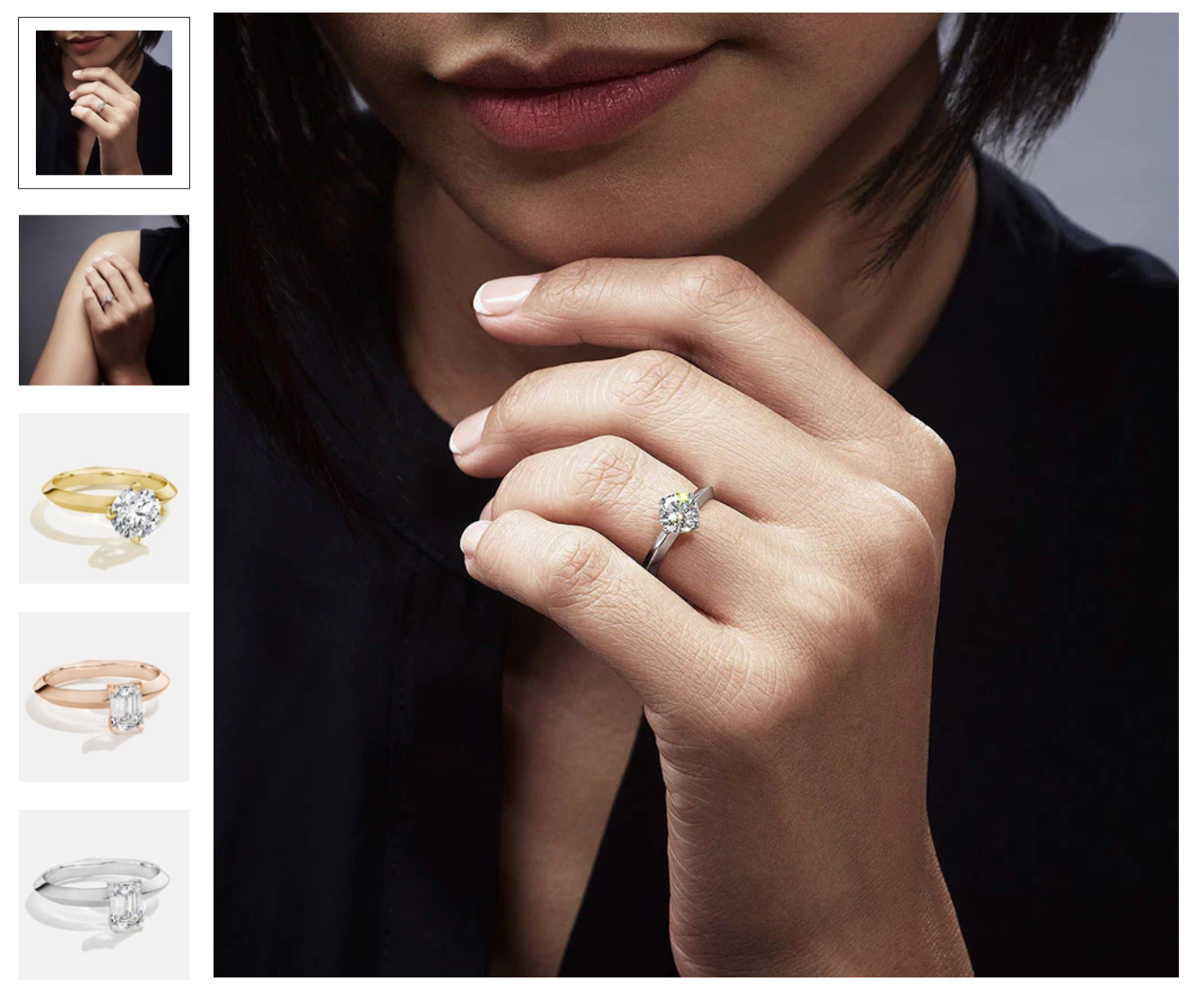 Aether product photos for an engagement ring with both a model and on white backgrounds.