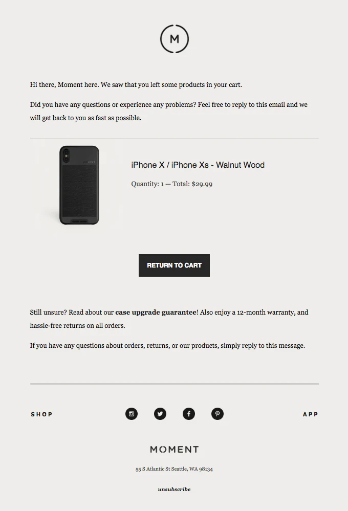 Cart abandonment email example showing Iphone left in the cart with call to action to return to buy it