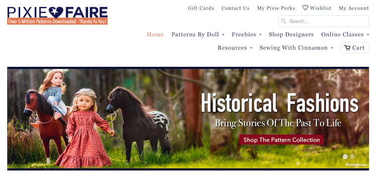 Pixie Faire homepage with menu options and an image of dolls and horses.
