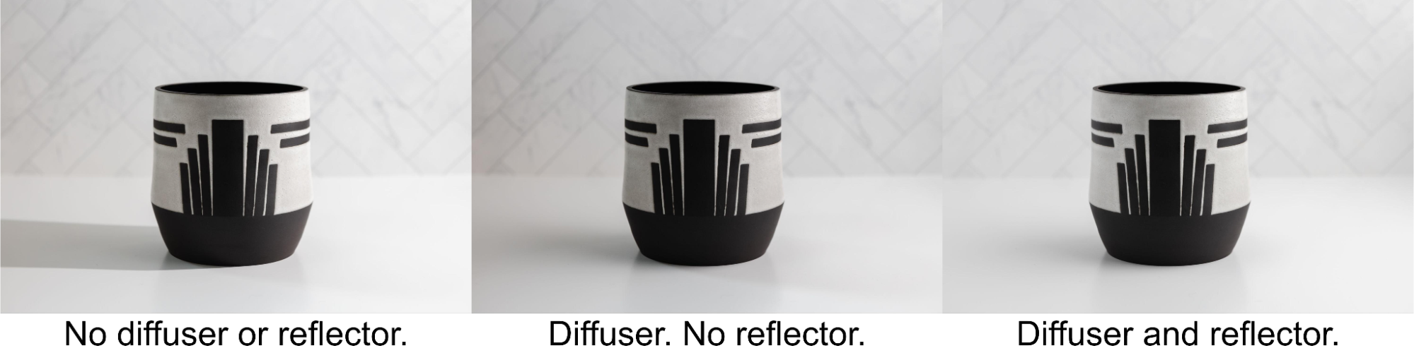 Three product photos of a vase: no diffuser/reflector (left); diffuser/no reflector (middle); diffuser and reflector (right)