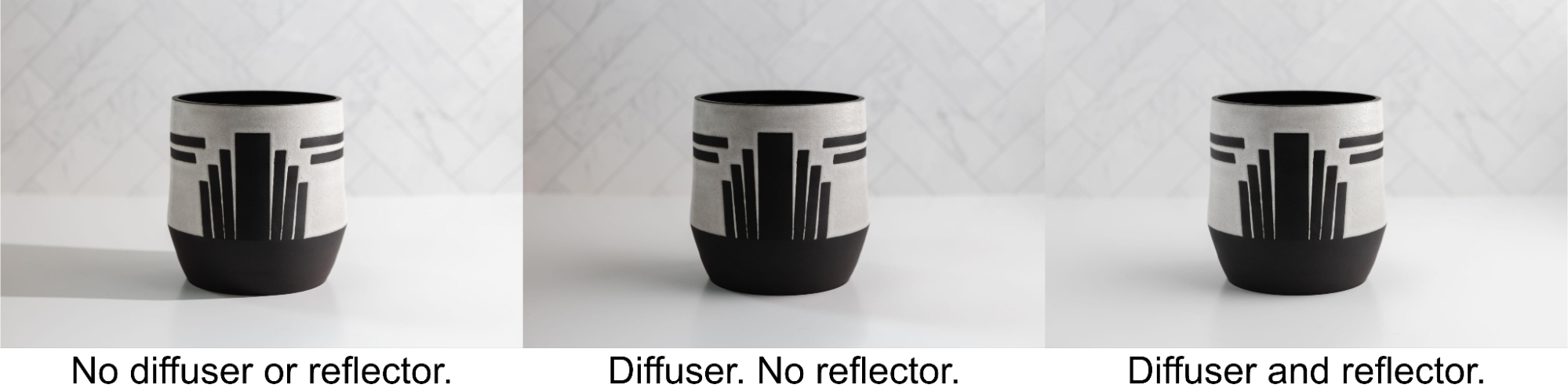 花瓶の製品写真 3 枚: ディフューザー/リフレクターなし (左)。 ディフューザー/リフレクターなし (中央)。 ディフューザーとリフレクター（右）