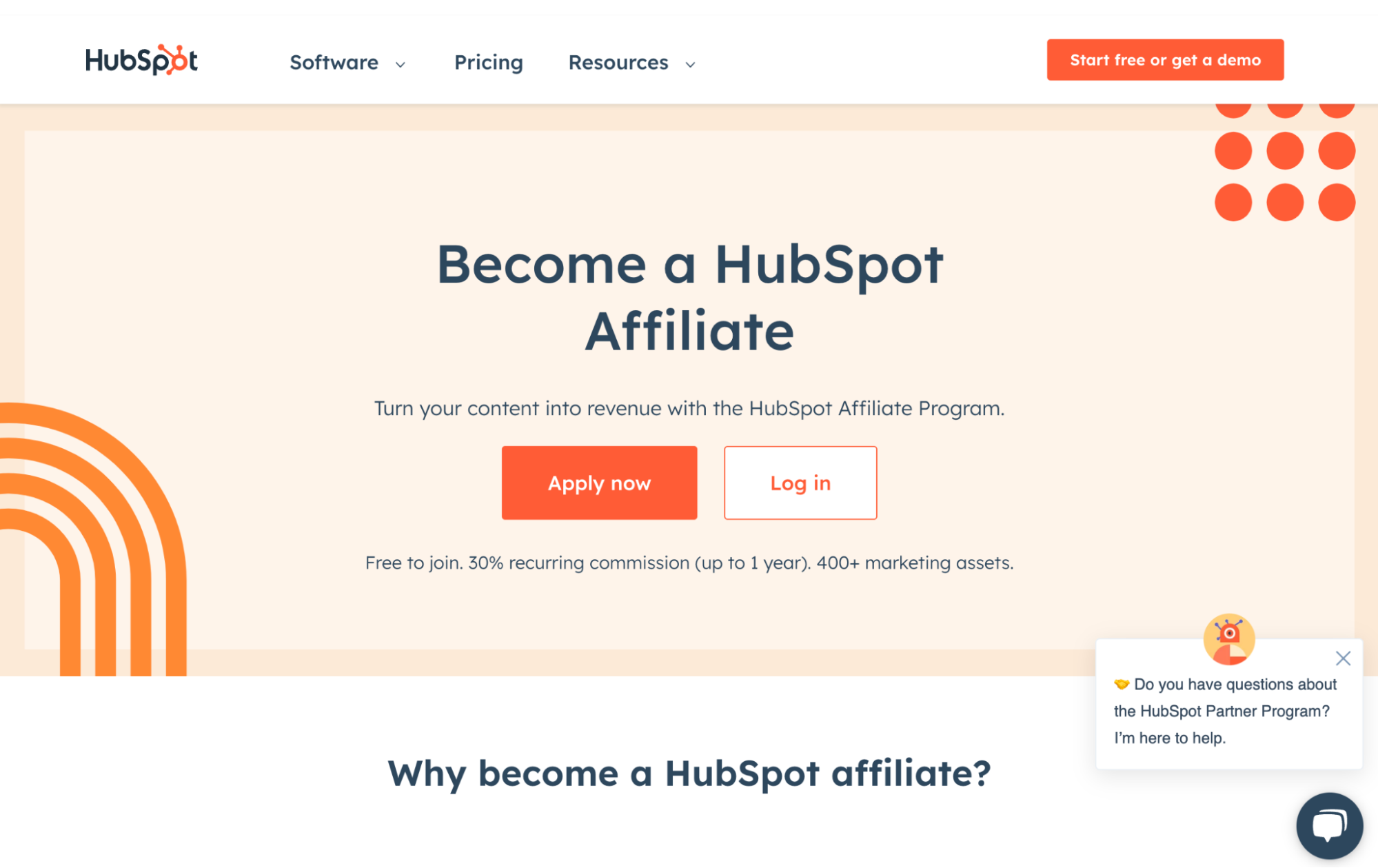 Screenshot of the HubSpot "Become a HubSpot Affiliate" webpage