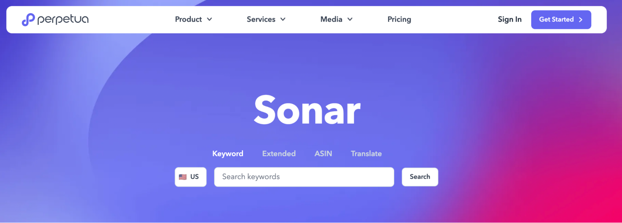 A screenshot of the Sonar homepage with a pink and purple gradient header and white text