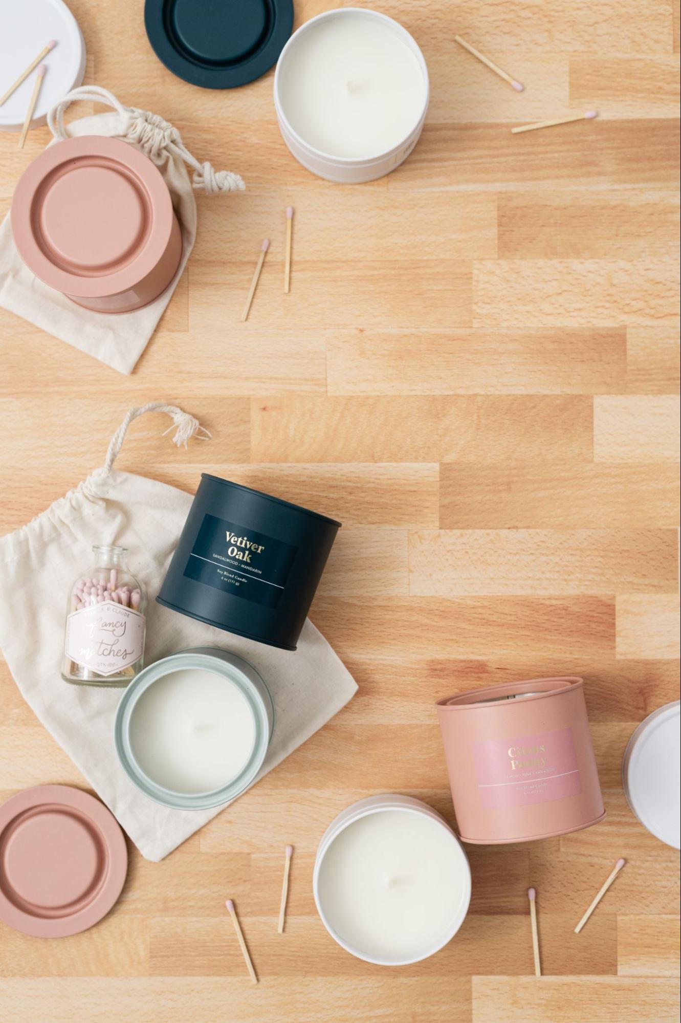 Flat lay product photo of candles with matches props