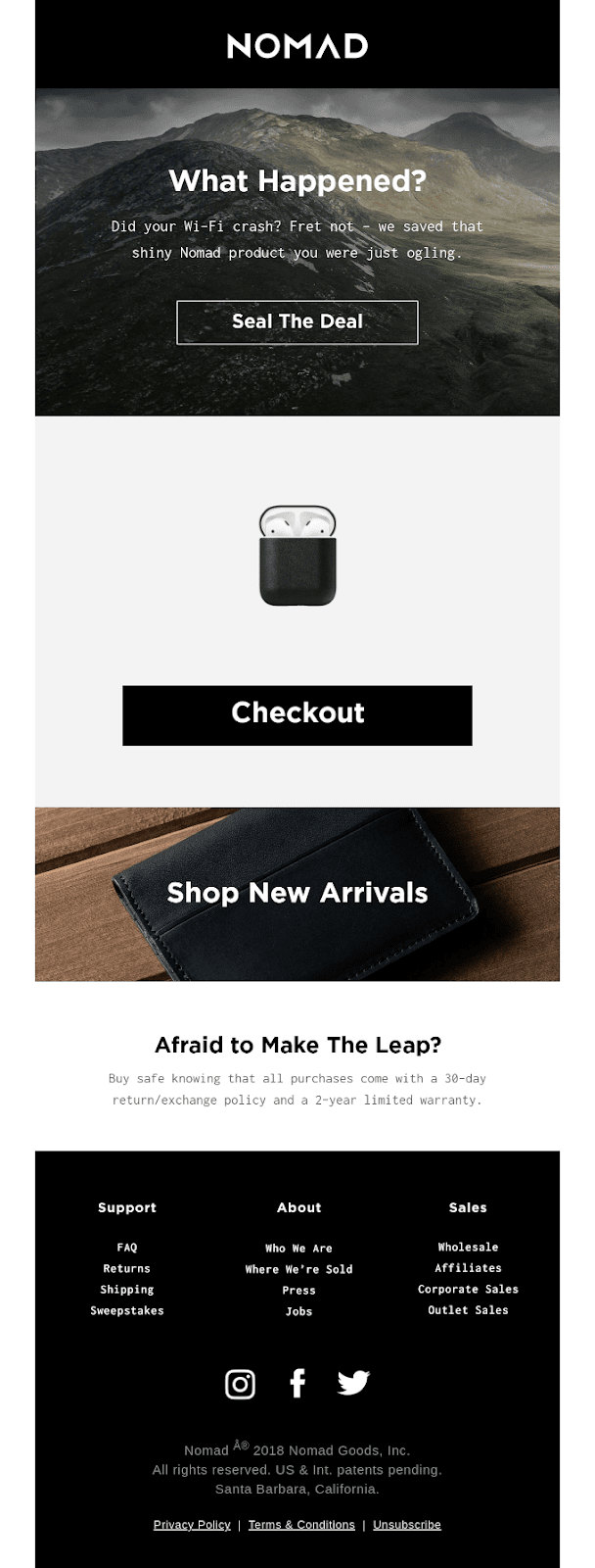 NOMAD abandoned cart email recovery example with lots of smart CTA copy and buttons