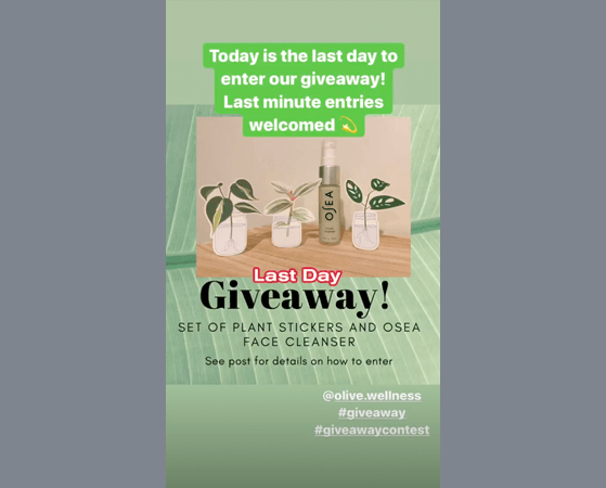 Olive Wellness does a last call for its giveaway on its Instagram Stories.