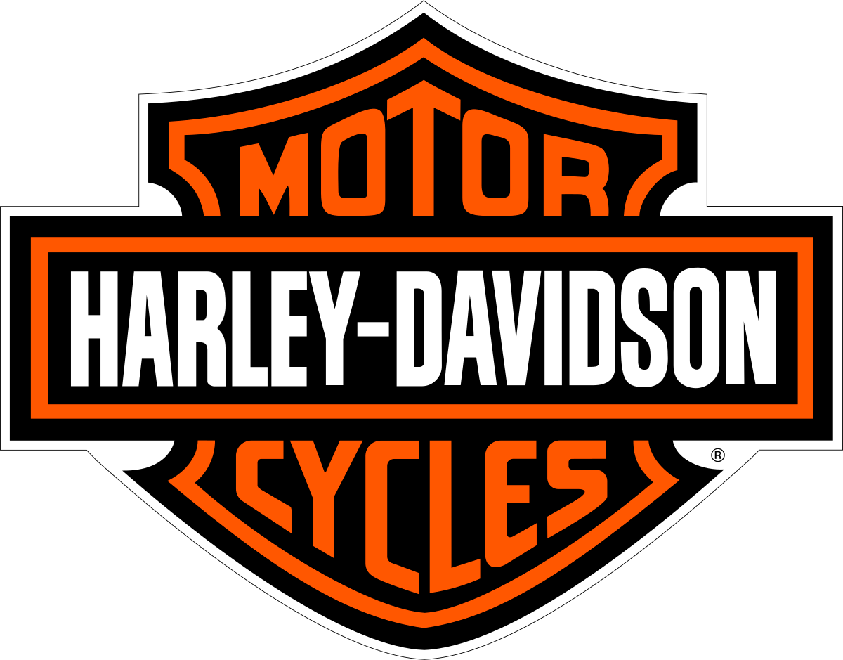 he Harley-Davidson logo features a black backdrop, white and orange fonts, and an orange border.