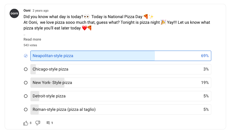 Ooni YouTube community poll asking what style of pizza its followers will eat tonight.