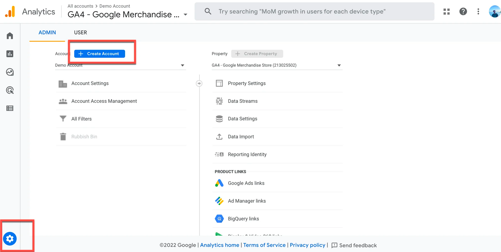 Screenshot of the Google Analytics interface with the Create Account button highlighted