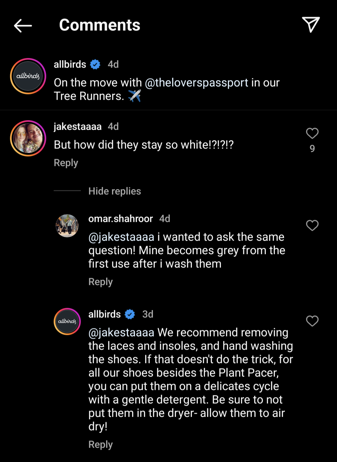 screenshot of Allbirds Instagram comments