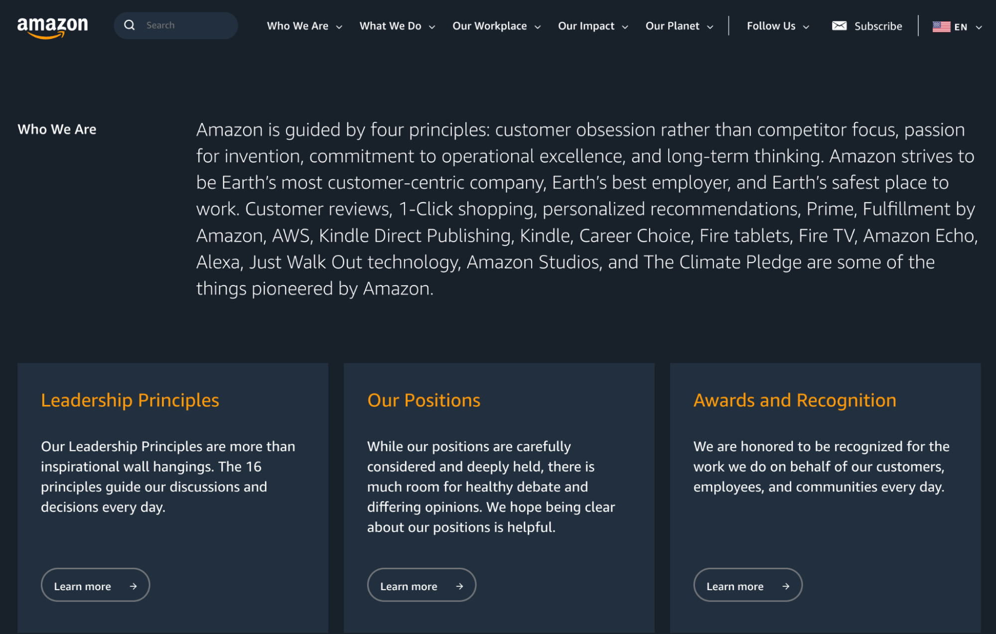 Screenshot of Amazon vision statement