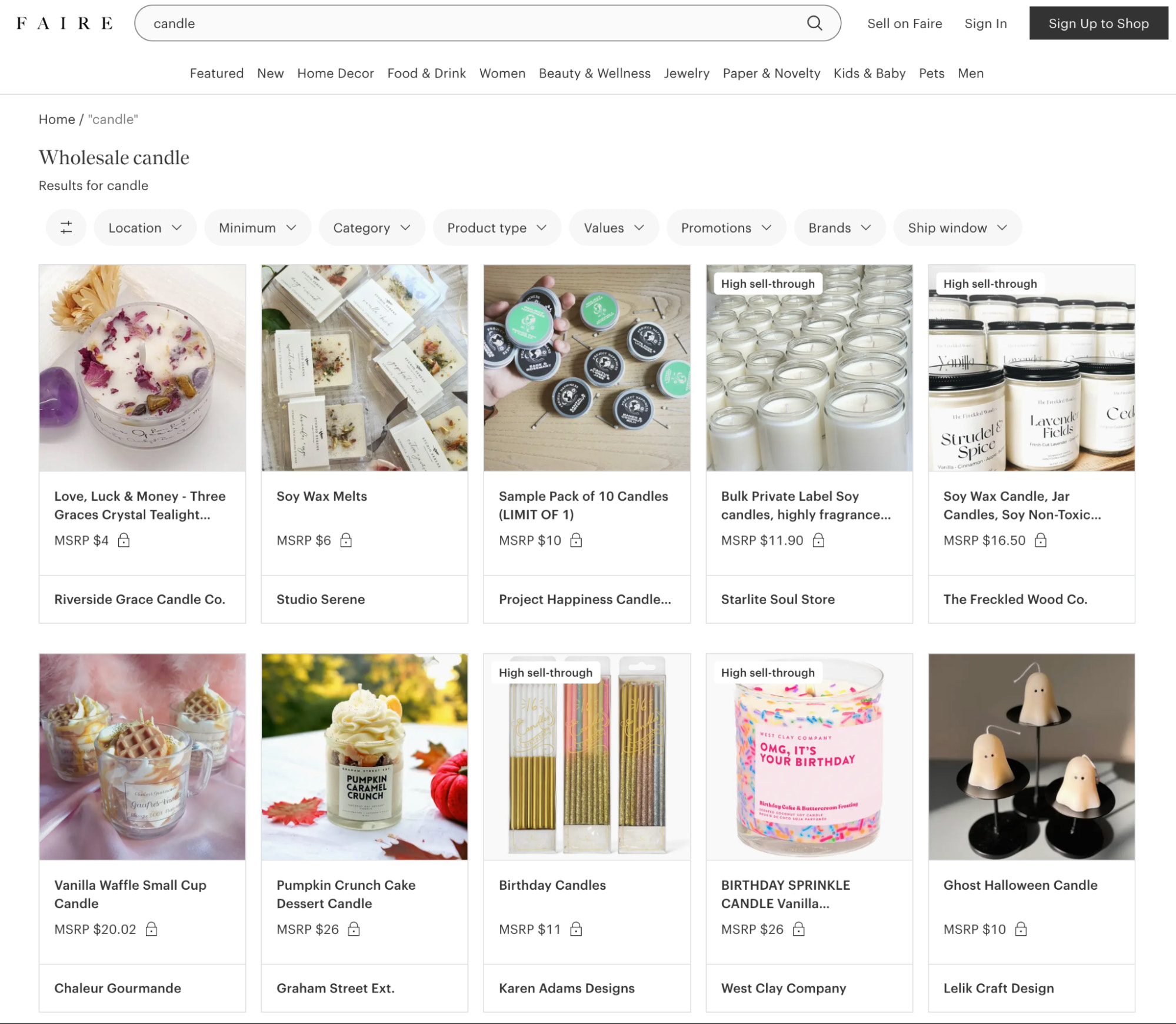 Image of results from searching “candle” on Faire wholesale marketplace