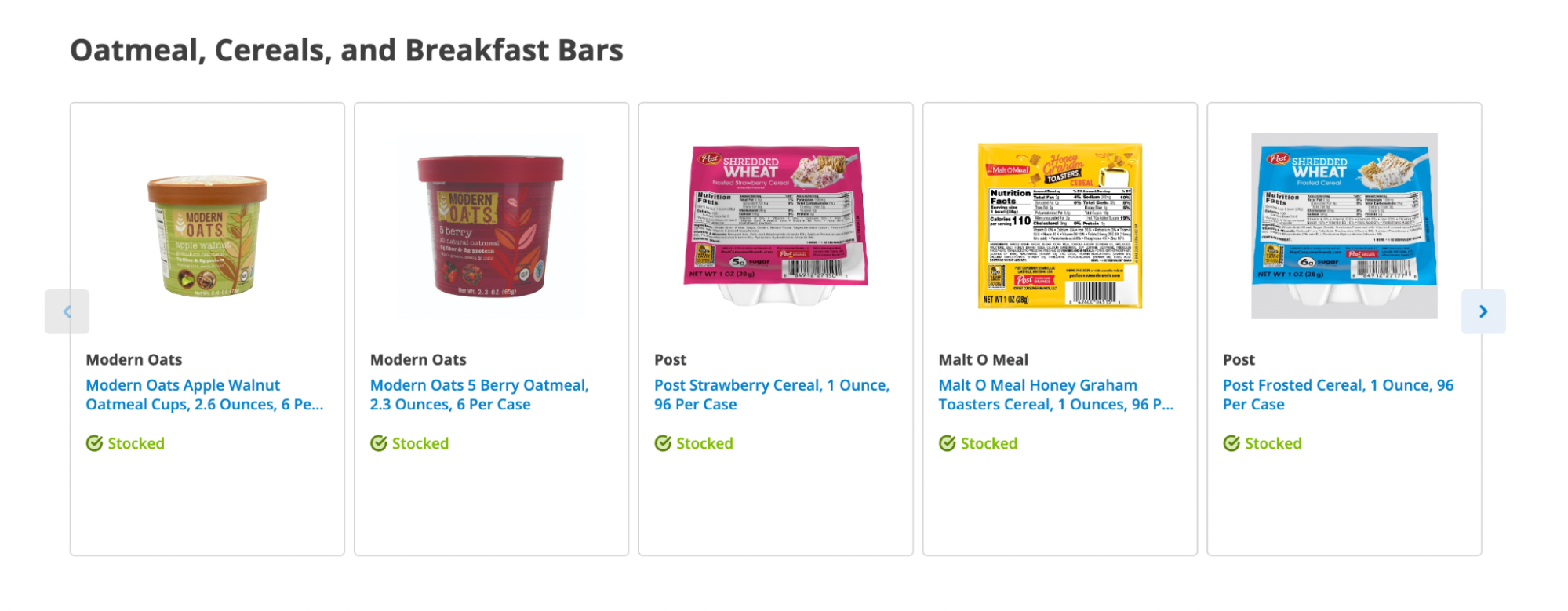 Dot Foods’ wholesale website, selling oatmeals, cereals, and breakfast bars.