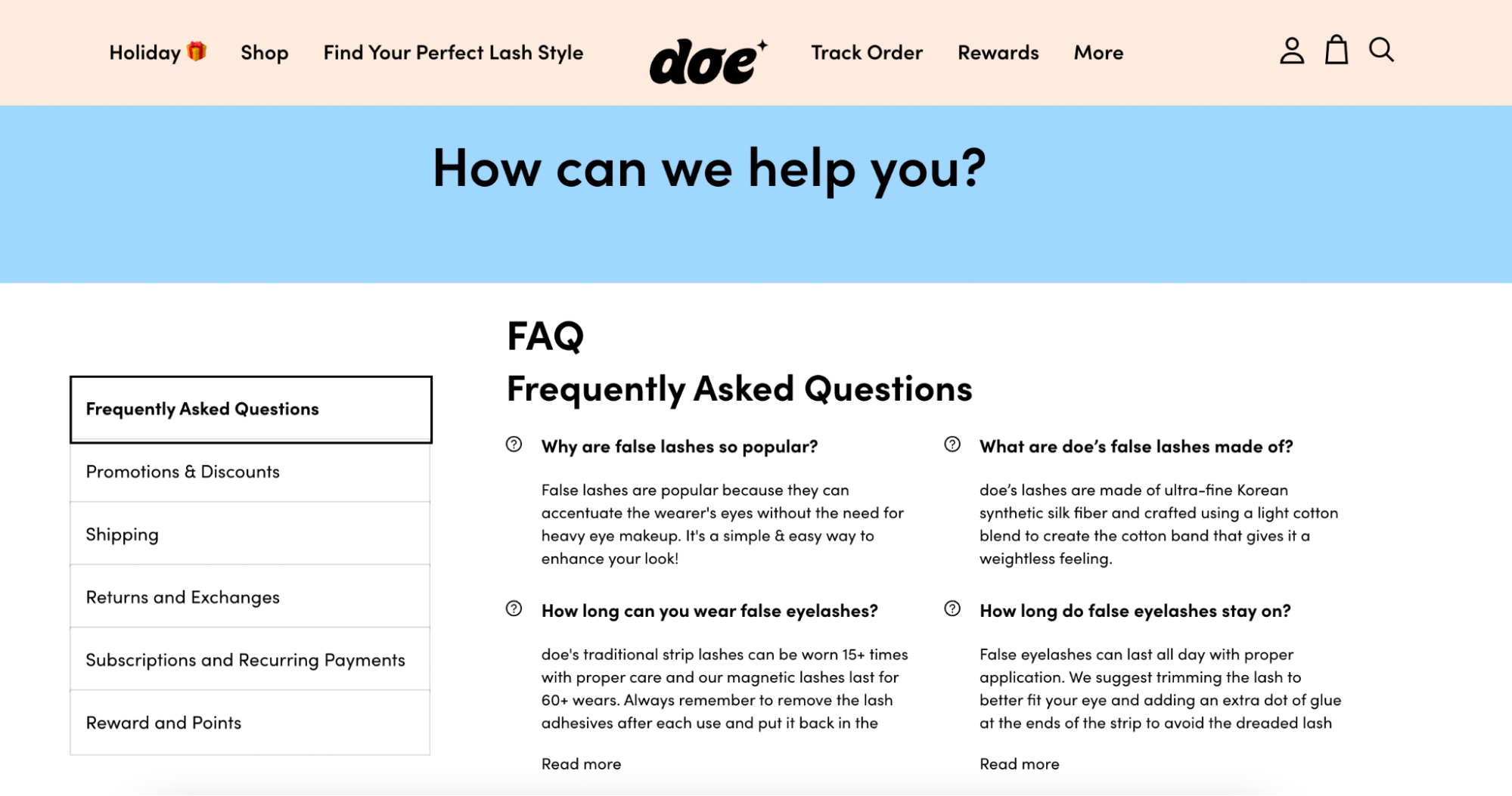 Doe Lashes 帮助中心的屏幕截图，它回答了诸如“为什么假睫毛如此受欢迎？”之类的问题。 和“Doe 的假睫毛是用什么做的？”