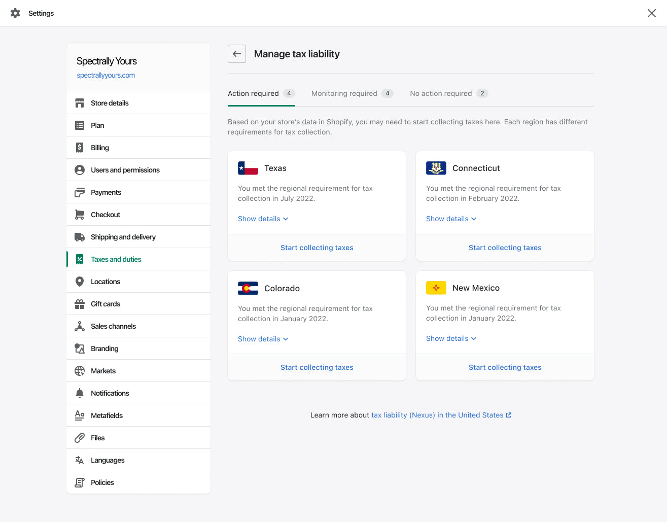 Shopify Admin dashboard showing four boxes with state flags, for states in which taxes are owed.