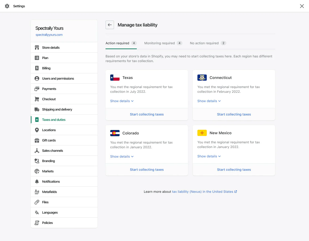 Shopify Admin dashboard showing four boxes with state flags, for states in which taxes are owed.