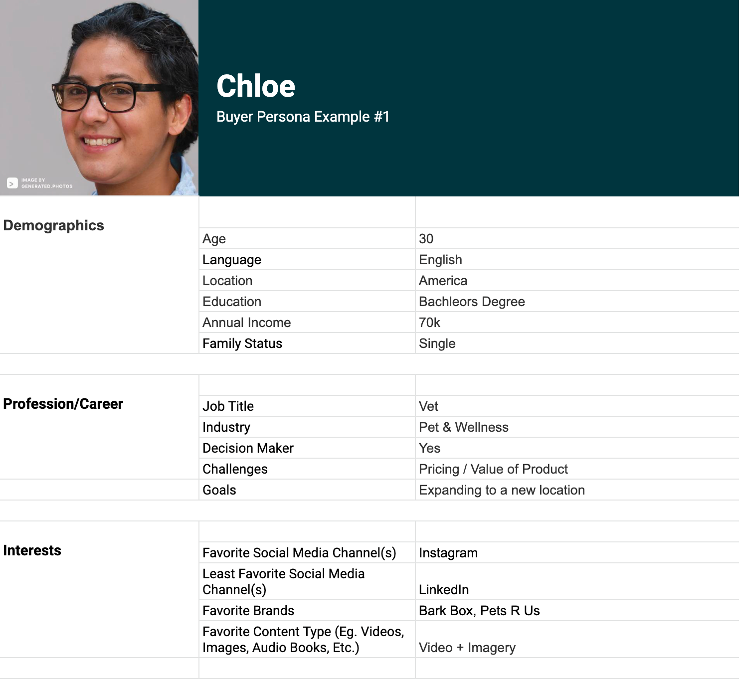 A screenshot of the downloadable buyer persona template with the profile filled in for our example Chloe: age 30, speaks English, lives in America, has a bachelor's degree, earns 70k a year, is single, works as a veterinarian in the pet and wellness industry, is the primary purchase decision maker, her biggest challenge is balancing pricing and thevalue of the product, her goal is to expand to a new location, her favorite social media channel is Instagram and least favorite is LinkedIn, her favorite brands are Bark Box and Pets R Us, and favorite content type are video and imagery.