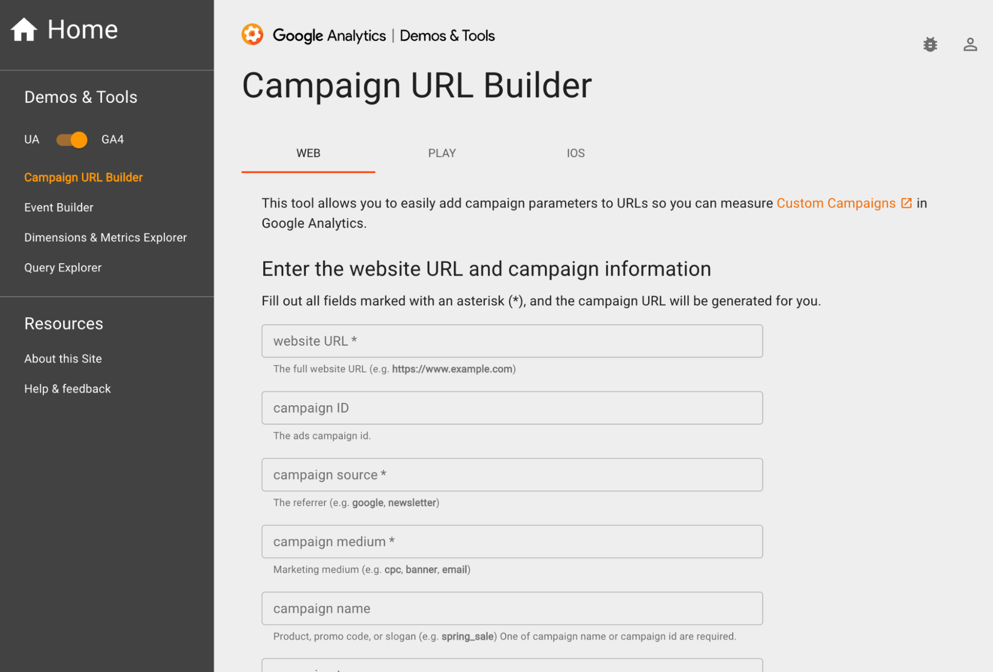 screenshot of Google Analytics Campaign URL builder