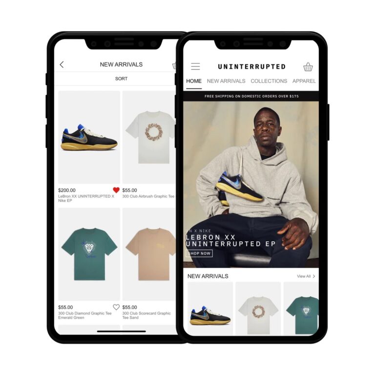mobile mockups of products on lebron james' uninterrupted athlete empowerment ecommerce store that uses Tapcart integration.