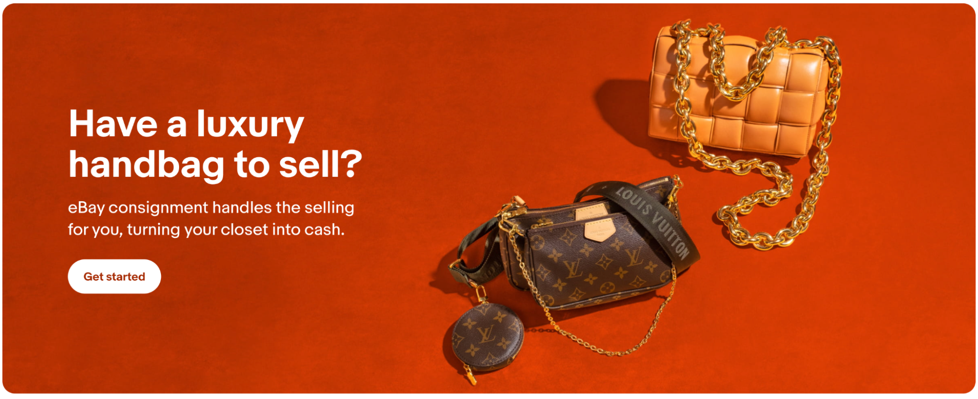 Banner image for eBay consignment with images of luxury handbags as examples of consignee products.