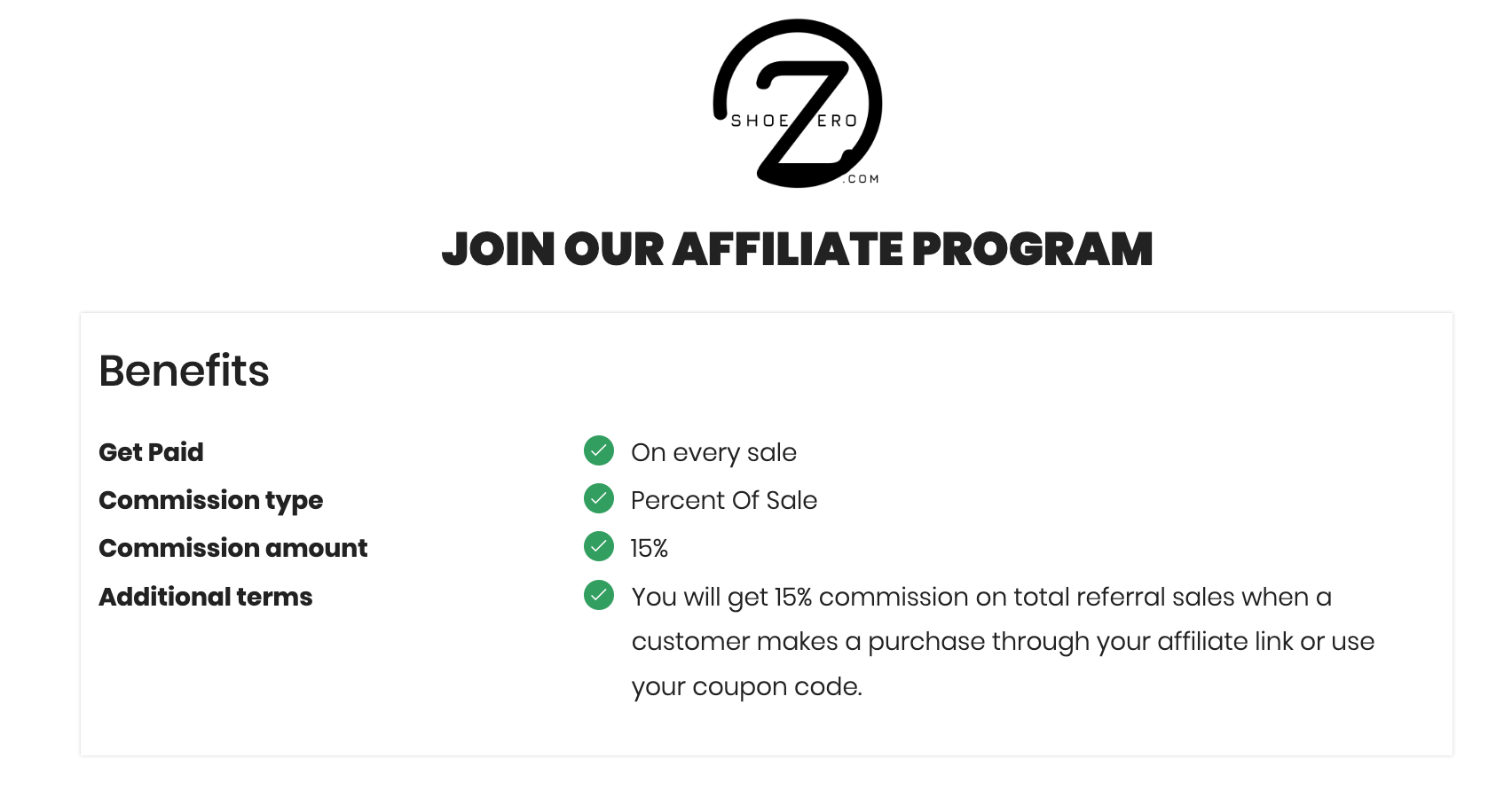 Screenshot of Shoe Zero affiliate program subdomain homepage