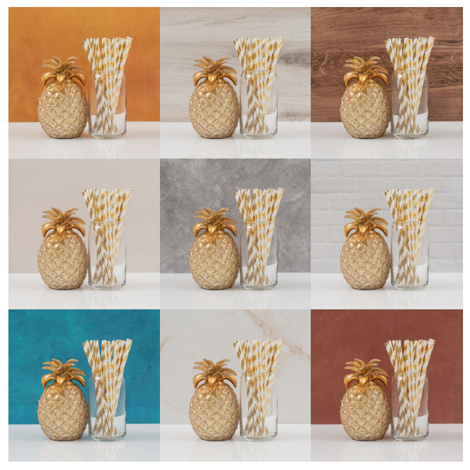 Nine ecommerce photos arranged in a three by three grid. Each photo contains the same golden pineapple decor with golden straws, but has a different backdrop.
