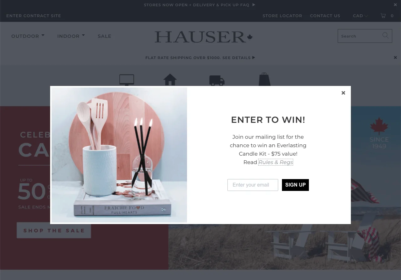 Hauser’s pop-up appears when visitors land on the website and encourages them to enter their email address for the chance to win a product kit. 