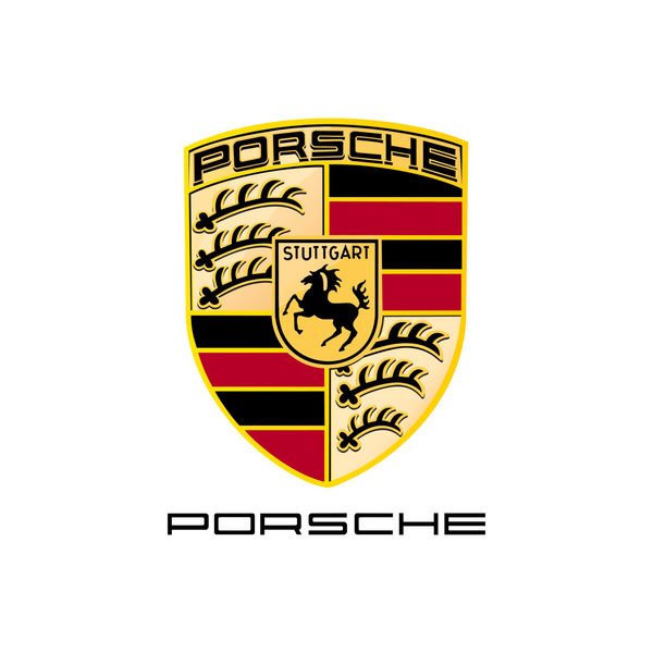 The Porsche logo features a traditional crest in black, red, and gold, with the brand’s name written in uppercase.
