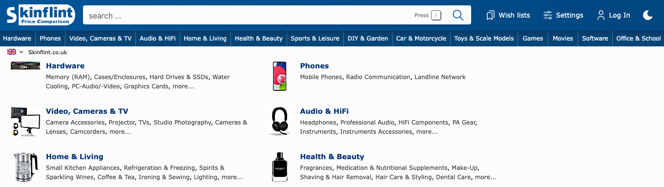 Search bar and navigation menu above product categories including phones, audio, and cameras.